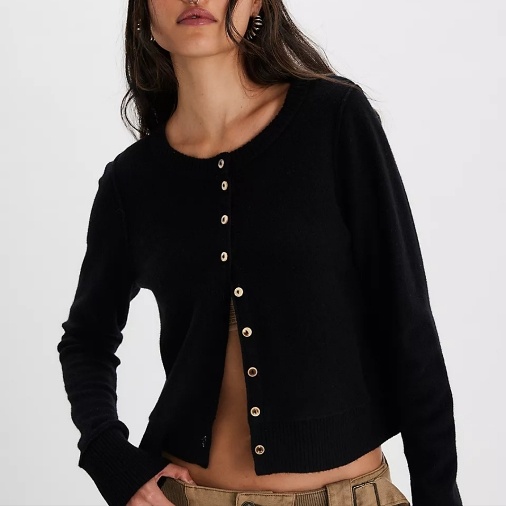 Free People Nocturnal Solid Cashmere Cardigan Women's Large Blue Short Sweater